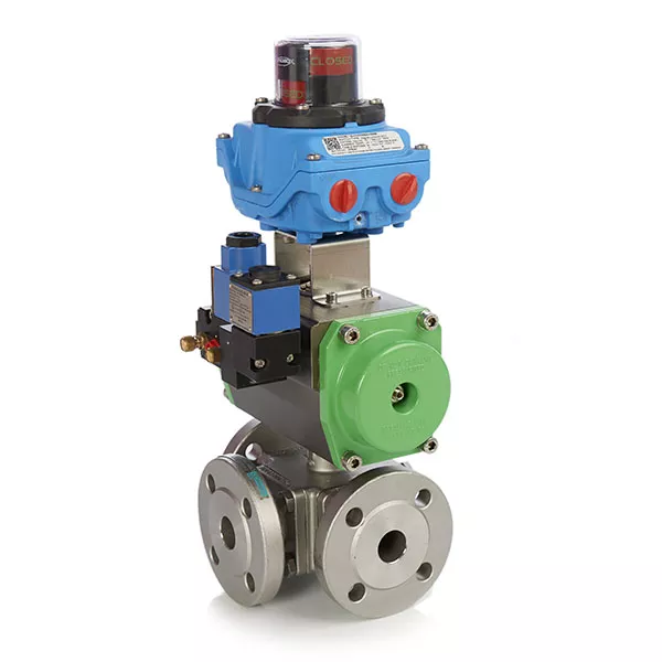 3 Way Flanged Stainless Steel Ball Valve with Pneumatic Actuator ATEX Solenoid Valve and Switchbox